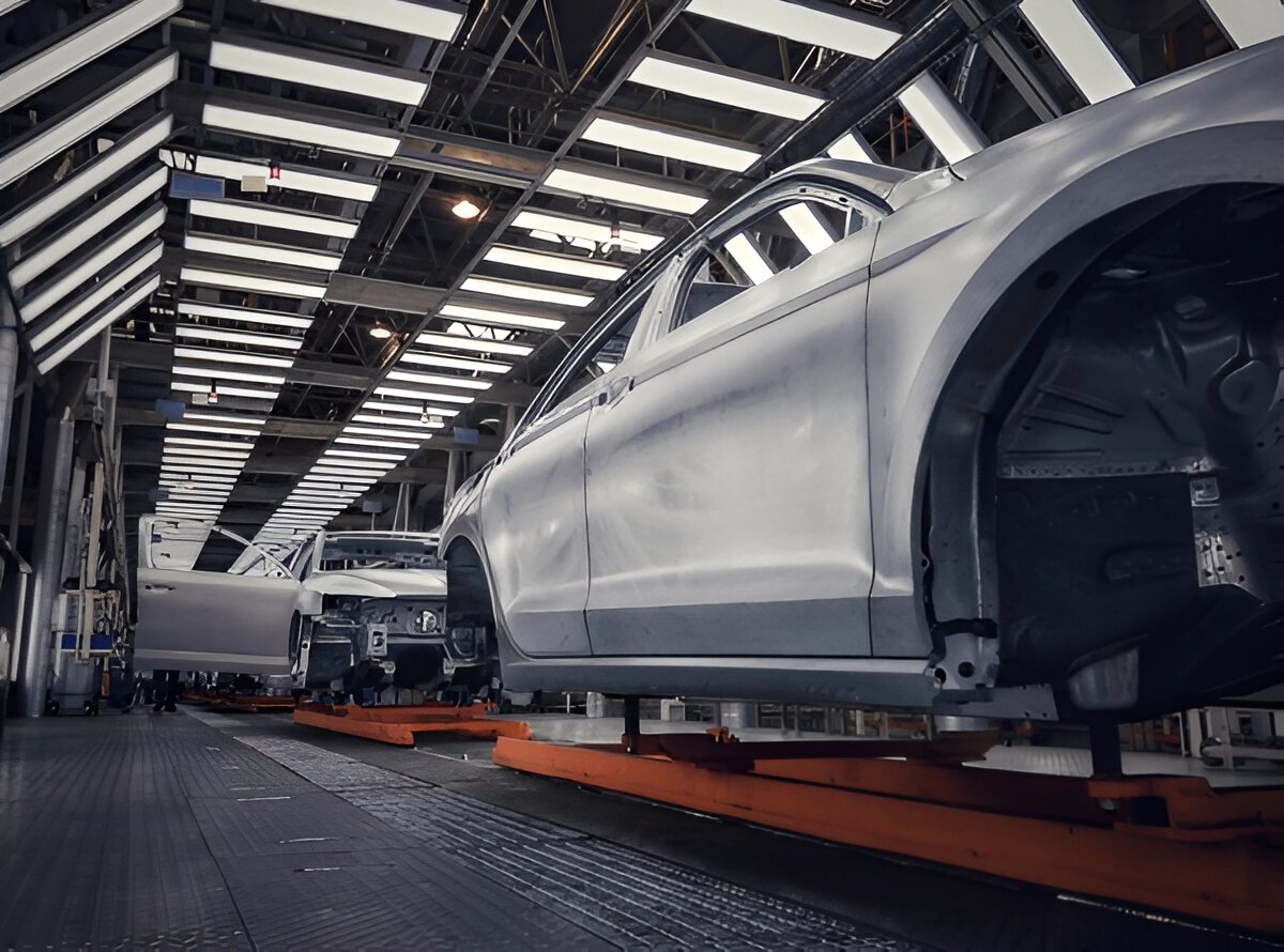 Carro apenas na chapa metálica em close na linha de montagem