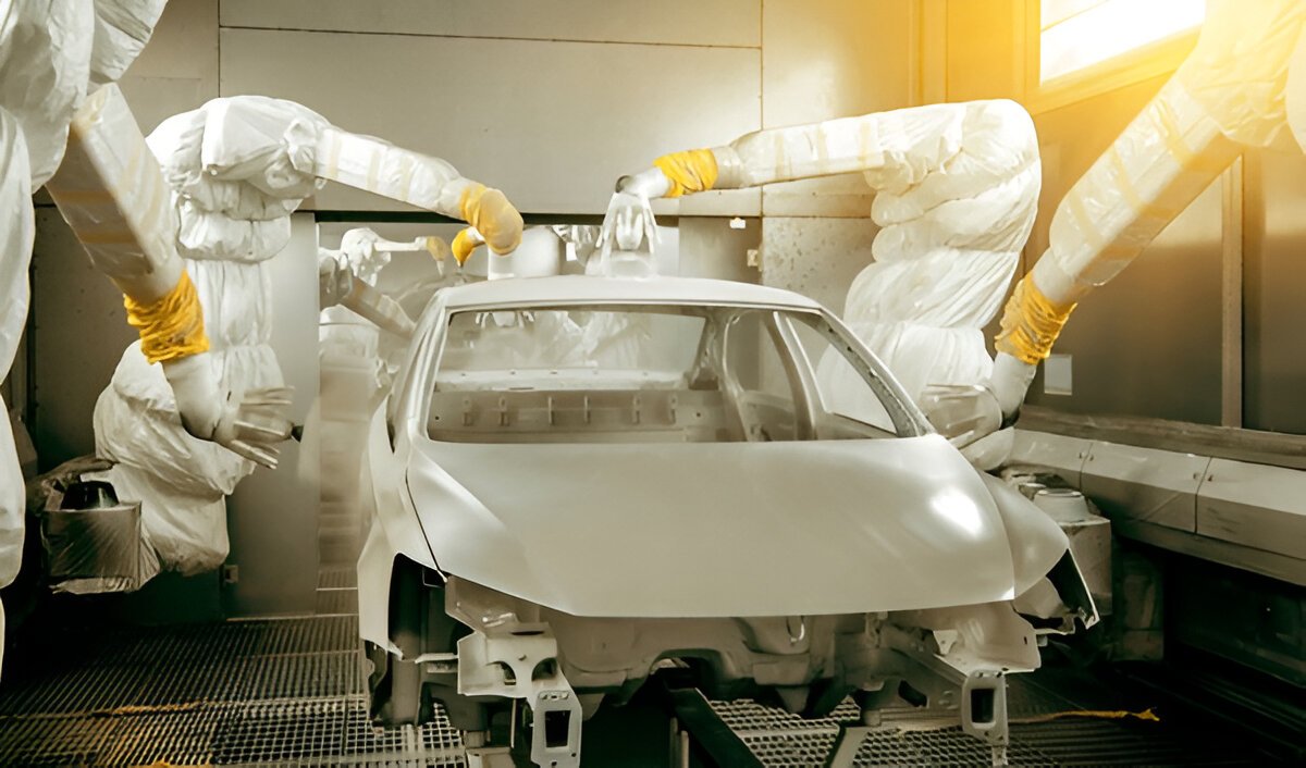 Carro recebendo cobertura de primer em cabine de pintura numa linha robótica
