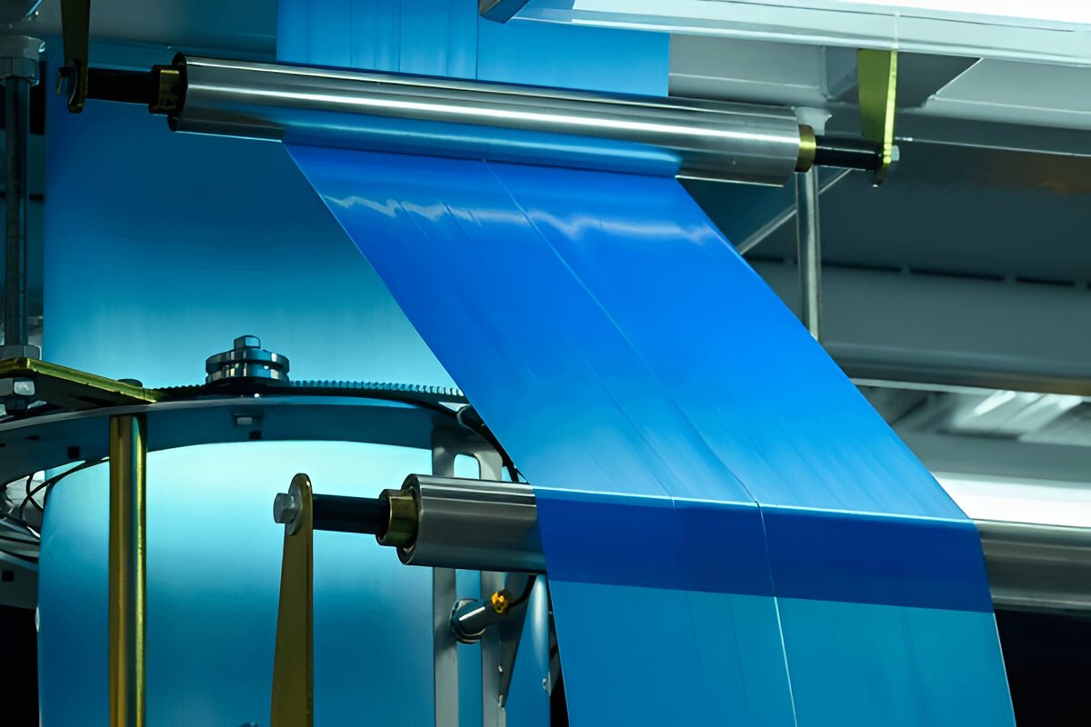 Maquinário produzindo plástico bobinado pronto para a inspeção automatizada.