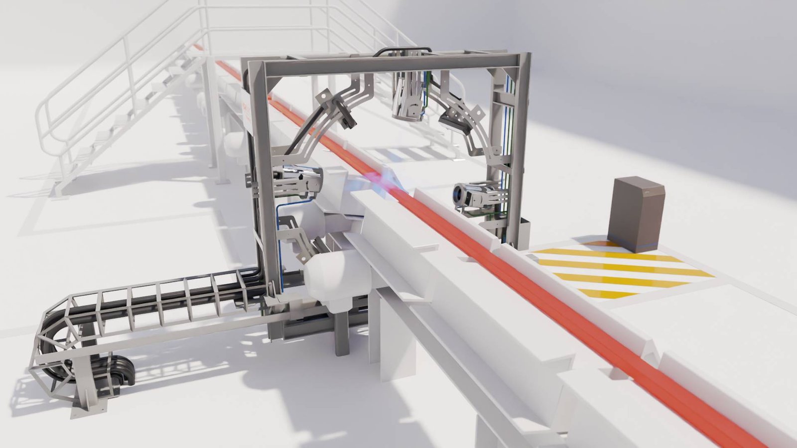 Vision King na linha de produção Construção física contendo os cabeçotes de visão que permitem a inteligencia artificial do Vision King inspecionar a produção de aços longos mesmo em altas temperaturas.