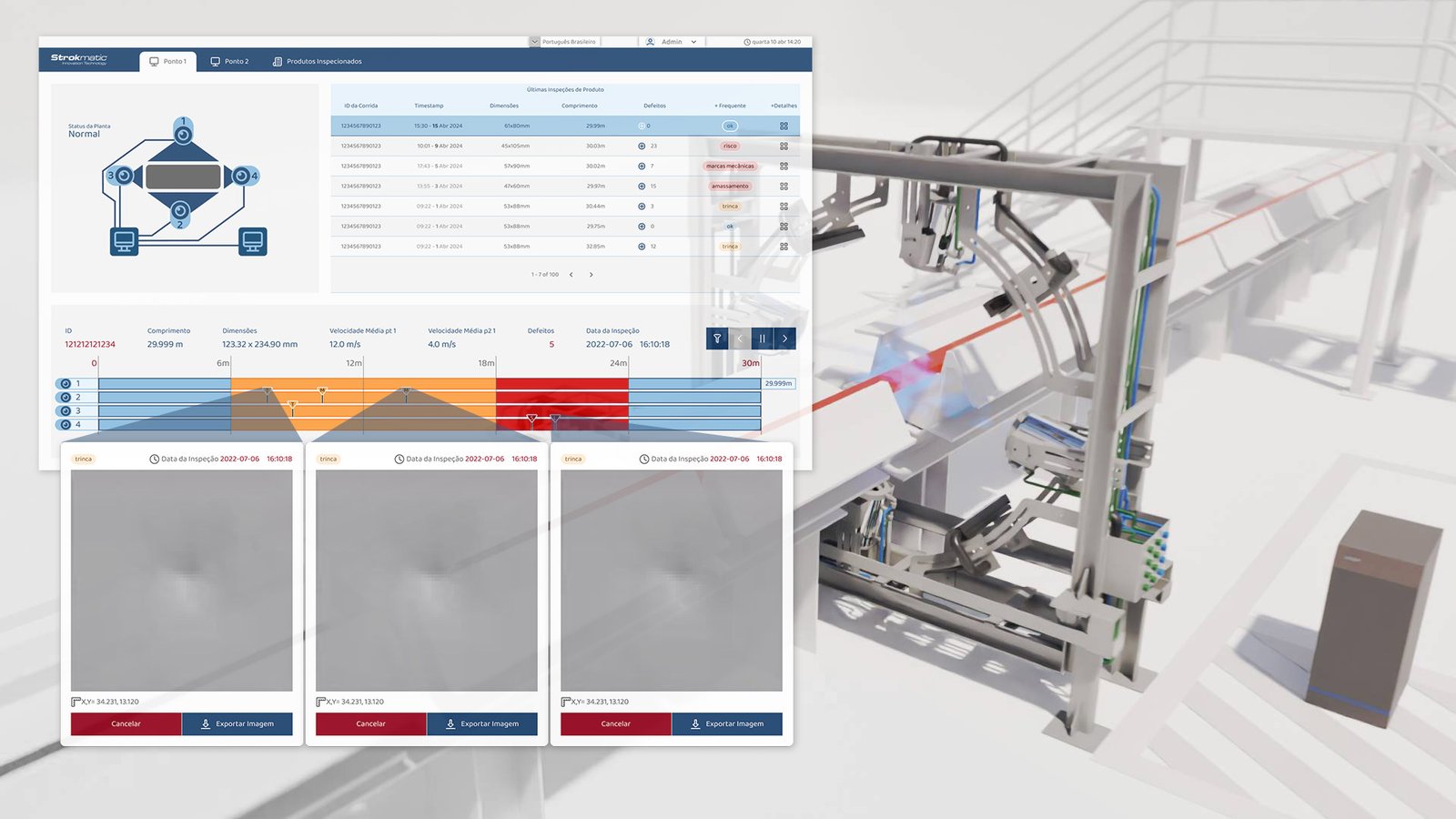 Tela de Sistema Vision King - Aços Longos Tela do Sistema de inspeção Vision King em operação em linha de produção automatizada de aços longos