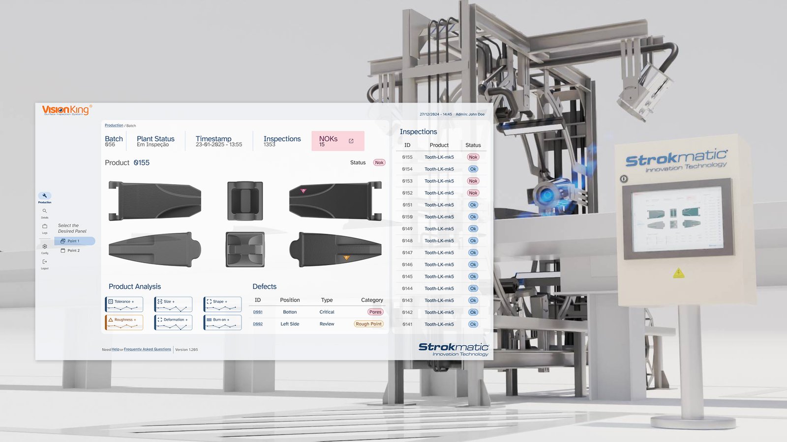Tela de sistema do Vision King Tela de sistema do Vision King apontando análise do produto e defeitos