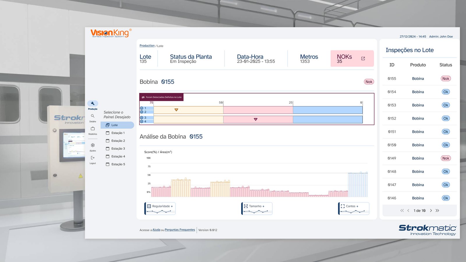 Bobinas de aço chato sendo inspecionadas e seus defeitos rotulados e analisados pelo modelo de inteligência artificial do Vision King para otimizar uso durante o corte e evitar defeitos da chapa durante a estampagem.