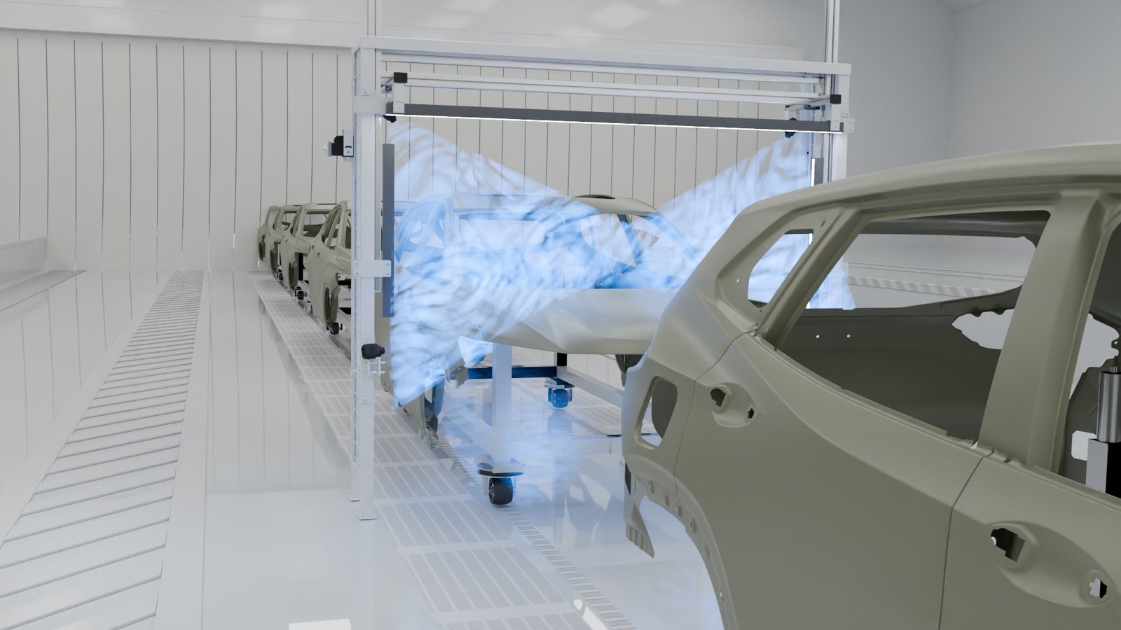 Vision King inspecionando carroceria com primer na linha de montagem