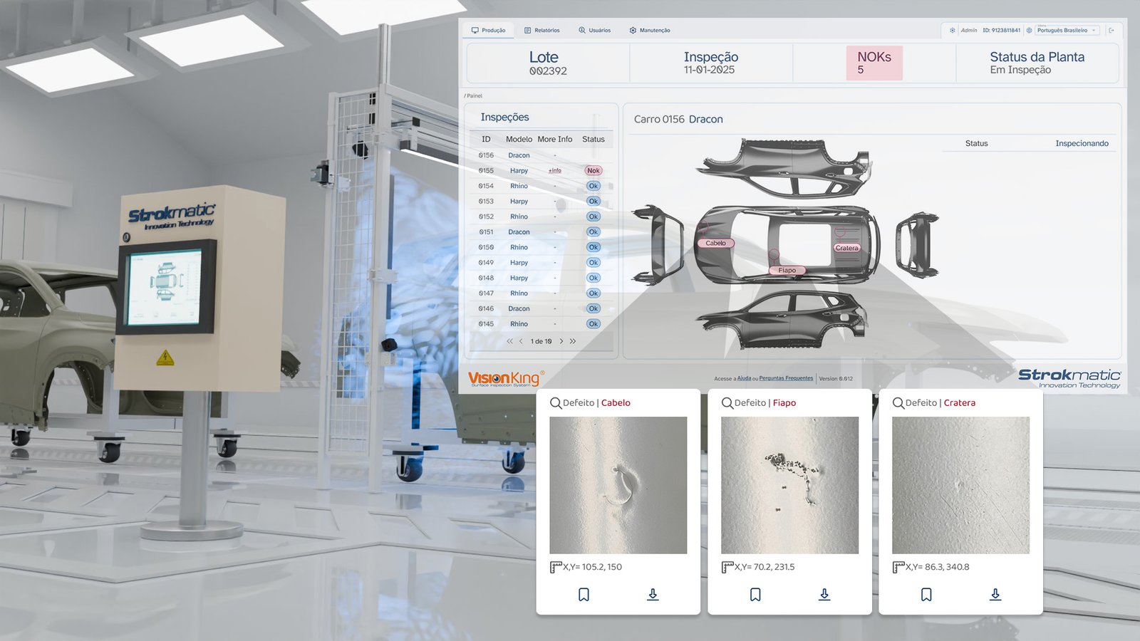 Tela mostrando os defeitos identificados pelo Vision King