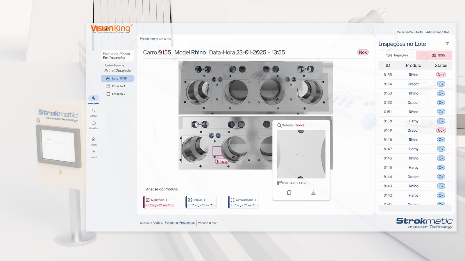 Tela de sistema do Vision King Vision King demonstrando erros de um bloco de motor em tela