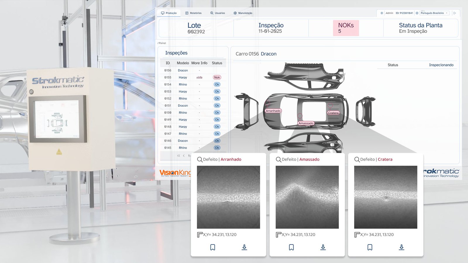 O Vision King Body apresenta os defeitos em tela permitindo o usuário encontrar informações detalhadas sobre a analise de superfície