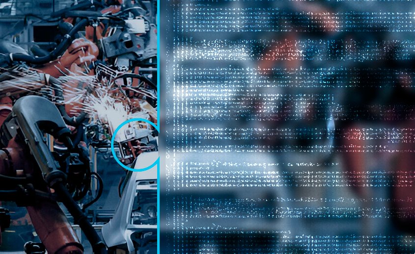 cursos e treinamentos em solda ponto automatizada Imagem da linha de produção robotizada com dados elétricos sobre uma série de carrocerias de veículos de fundo. Os dados são circundados por uma linha azul clara com um formato de peça de quebra-cabeça.